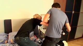 Cool wild hung bloke performing oral on another guy