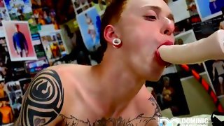 Xander practices oral on some sex toy
