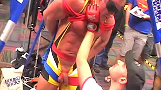 Muscular slave is tied up during some convention