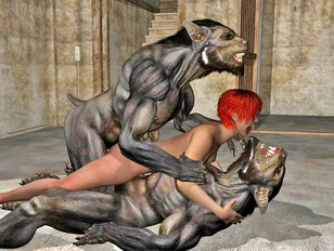 Two horny werewolves brutally gangbang a cute girl