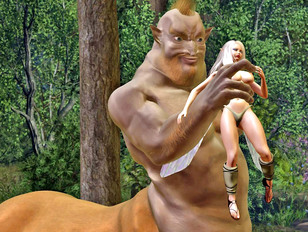 Horny giant centaur catches a hottie to play with
