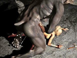 Sexy warrior 3d babe captured and fucked by two werewolves