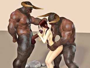 Horny minotaurs mercilessly mouthfucking a hottie