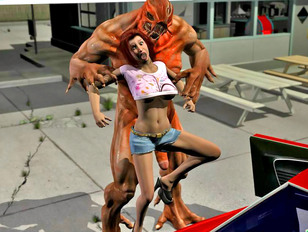 Hideous alien rapes a cute girl on the parking lot