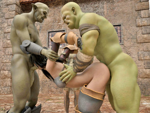 Brave girl tries to fight off horny orcs