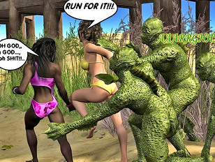 Two careless girls trapped and raped by lizardmen