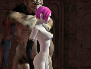 Hot 3D pink haired elf chick having a threesome with trolls