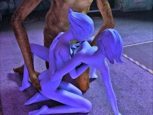 Foxy blue alien babes having a threesome with a green monster