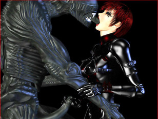 3D warrior chick's body is getting licked by a great dragon
