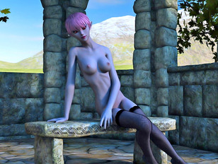 Super cute 3D nude night elf hottie masturbating on the bench