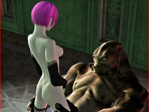 Pink haired 3D elf babe fucking with huge and ugly troll