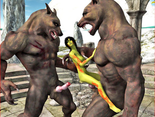 3D green elf cutie getting brutally double penetrated by giant werewolves