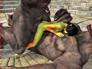 3D green elf cutie getting brutally double penetrated by giant werewolves