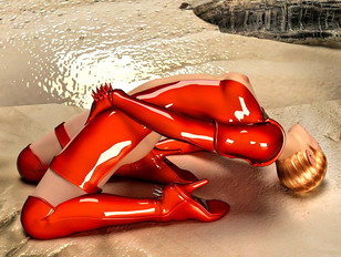 3D chick in red latex showing off her beautiful body