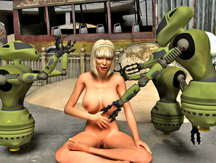 Busty nude 3D blonde babe caught by robots while posing
