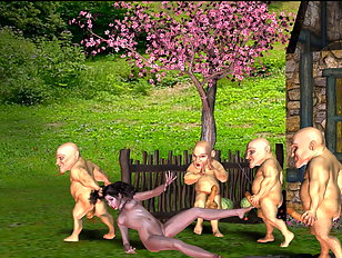 Naked dwarfs dragging a cutie across the lawn