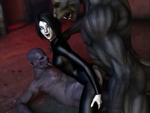 Horny babe riding a growling monster on the ground