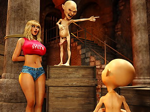 Cute blonde with huge 3D tits assaulted by evil gnomes