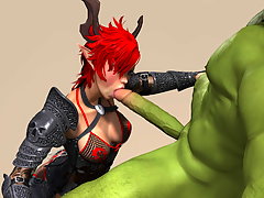 picture #4 ::: Green skinned orkish warrior getting head from fantasy chicks