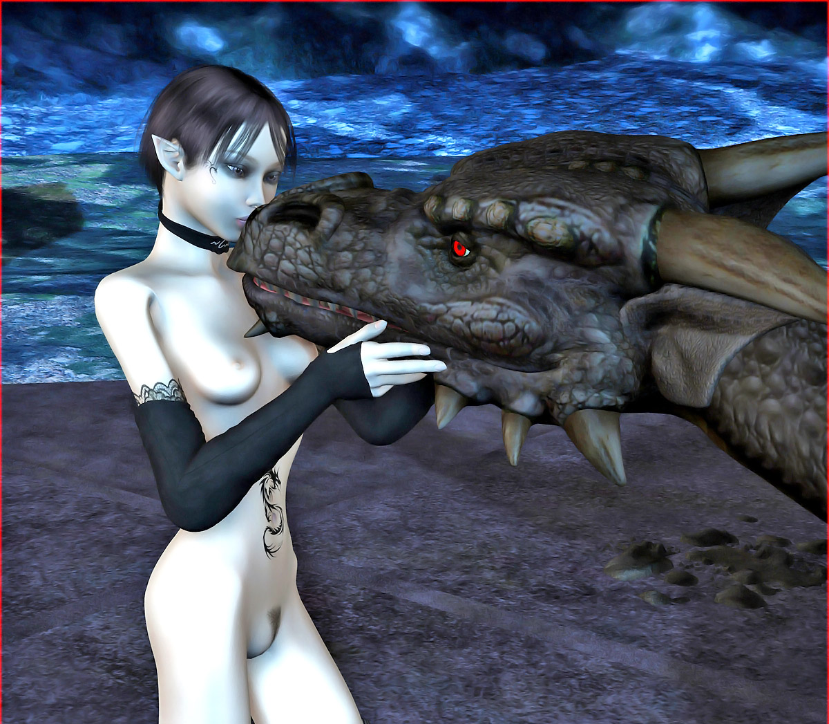 Horny dragon rider playing with her dragon's huge cock at 3dEvilMonsters