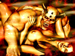 picture #1 ::: Horny demon enjoys four beautiful babes at once