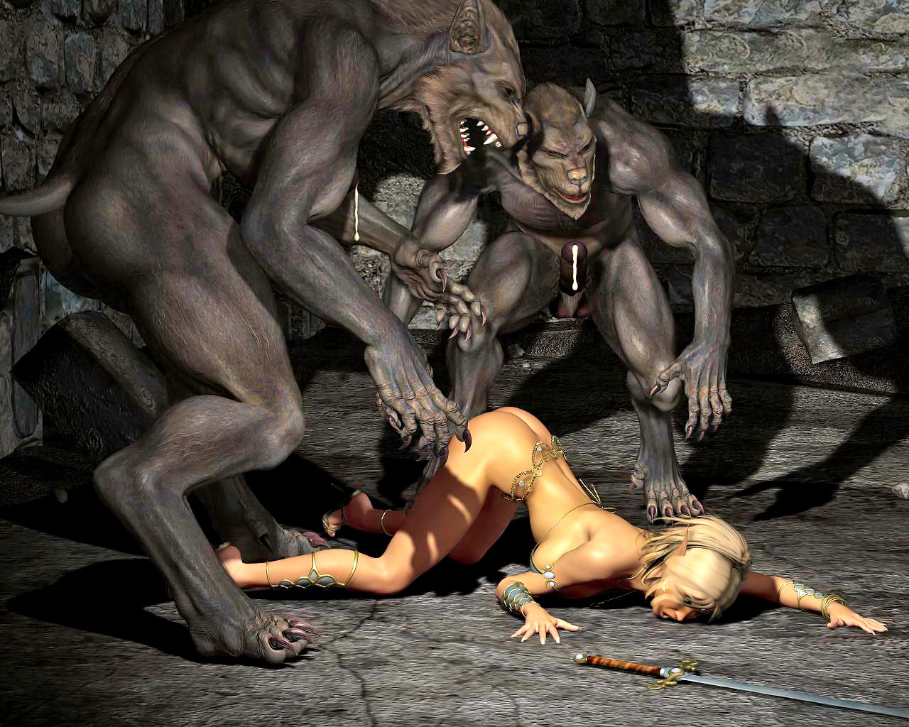 Warrior Hentai Monster Fuck - Pussy craving werewolves rape a hot warrior girl | Elf raped by demons