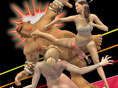 picture #3 ::: Hot babes trying to wrestle a horny giant