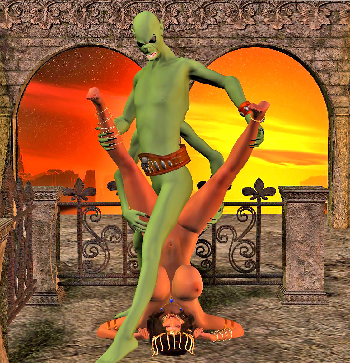 Green 3D monsters having sex with regular humans