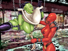 picture #3 ::: Chained orc female tortured by a busty monster
