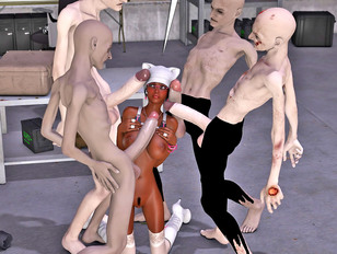 picture #3 ::: Four zombies forcing black 3D girl to suck their huge cock