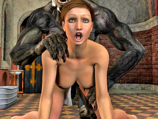picture #2 ::: Brutal werewolf holds her tight as he cums all over her face