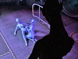 picture #1 ::: Charmingly sexy blue alien babes sucking on a hard monster cock