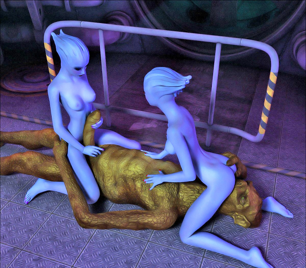 Blue Alien Babe - Foxy blue alien babes having a threesome with a green monster at  3dEvilMonsters