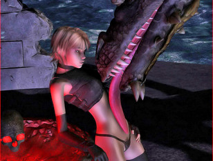 picture #9 ::: 3D warrior chick's body is getting licked by a great dragon