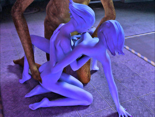 picture #5 ::: Horny blue alien lesbians having a threesome with a green monster