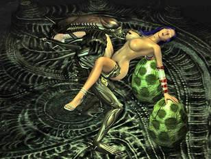 picture #4 ::: Alien procreating with beautiful and busty 3D babe in it's nest