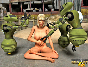 picture #2 ::: Busty nude 3D blonde babe caught by robots while posing