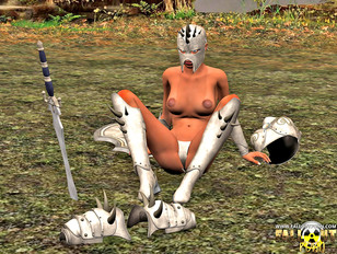picture #2 ::: Horny 3D warrior girl masturbating with her sword on the battlefield