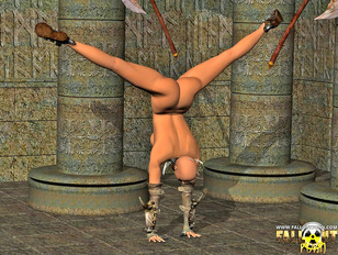 picture #4 ::: Bald 3D warrior chick posing naked and masturbating with an axe