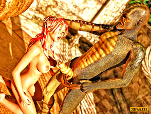 picture #4 ::: Sweet little 3d babe gets her throat fucked by a scaly lizard monster.