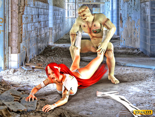 picture #1 ::: Sexy 3D tattooed redhead babe getting brutally raped by a zombie