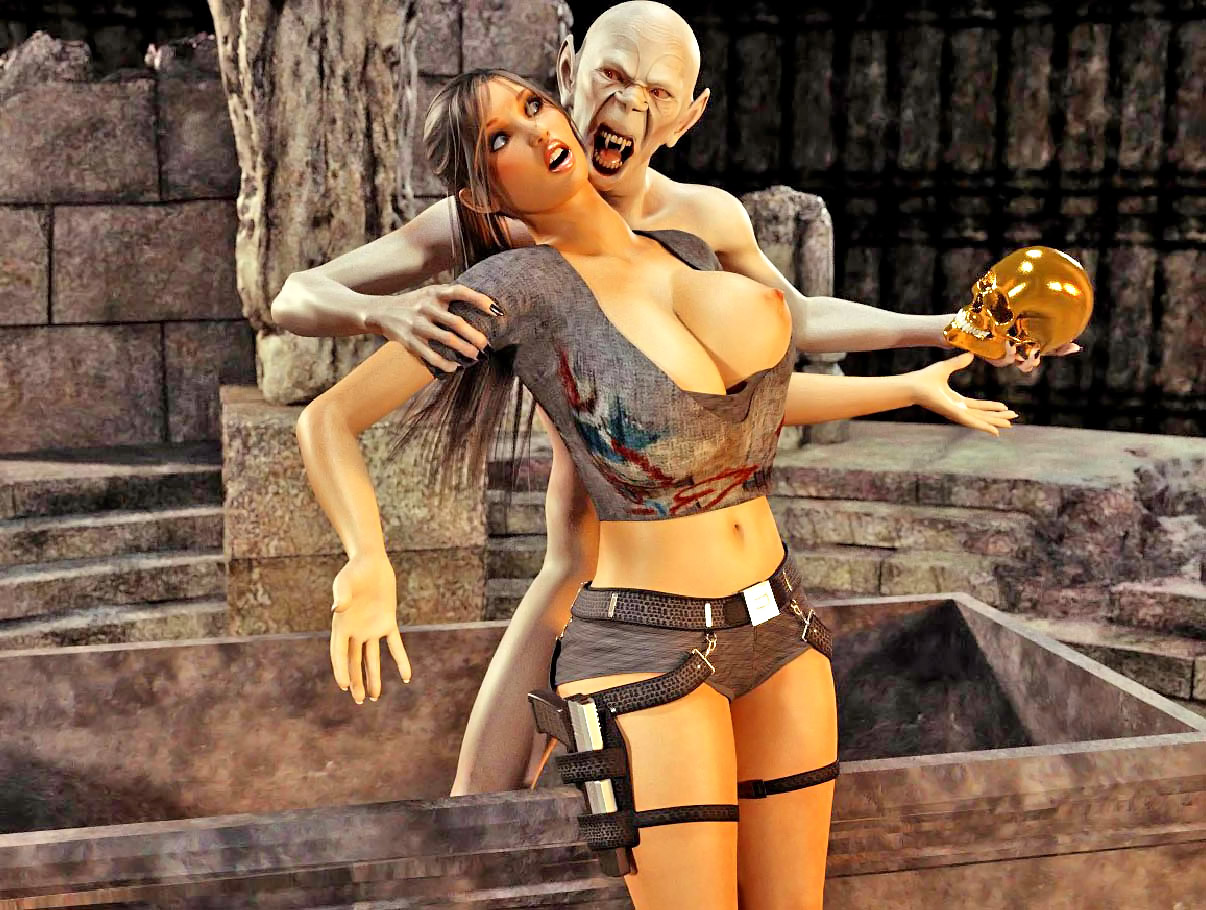 3d Tomb Raider - Busty hot tomb raider posing and sucking monster's huge hard cock at  Hd3dMonsterSex.com