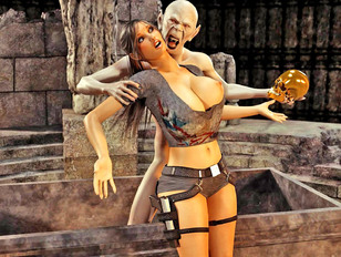 picture #12 ::: Busty hot tomb raider posing and sucking monster's massive hard dick