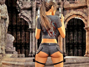 picture #5 ::: Busty hot tomb raider posing and sucking monster's massive hard dick