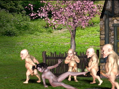 picture #1 ::: Naked dwarfs dragging a cutie across the lawn