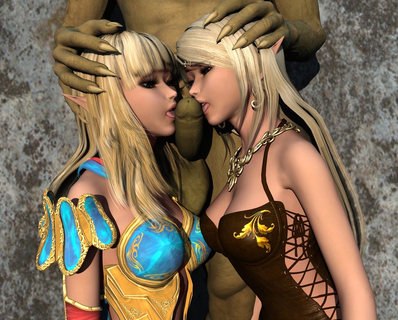 1306px x 1050px - Two blonde angels made to suck a green monster cock | KingdomOfEvil 3d
