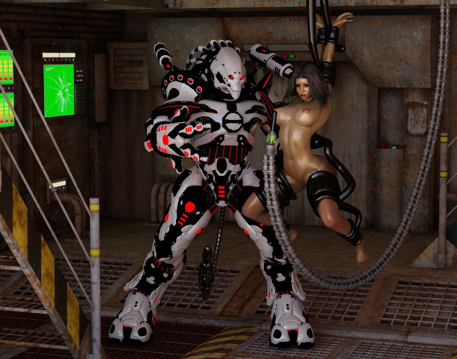 Evil cyborg enjoying captured girl's body
