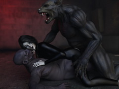 picture #1 ::: Slut in rubber suit sandwiched between a beast and man like creature