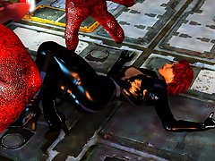 picture #5 ::: Babe in rubber suit surrounded by red horrid beasts