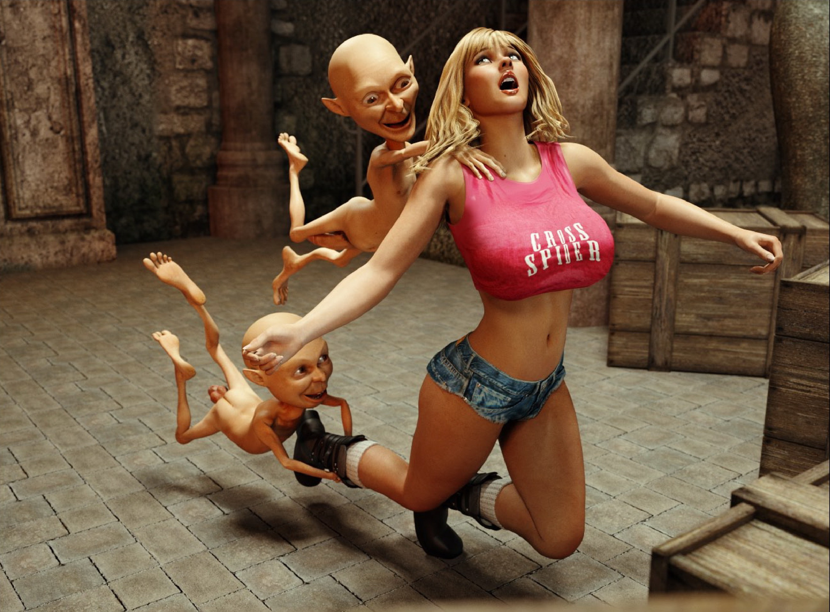 Evil 3d Porn Little Gobbler - Two evil little demons catch and defile gorgeous blonde in basement | Elf  raped by demons